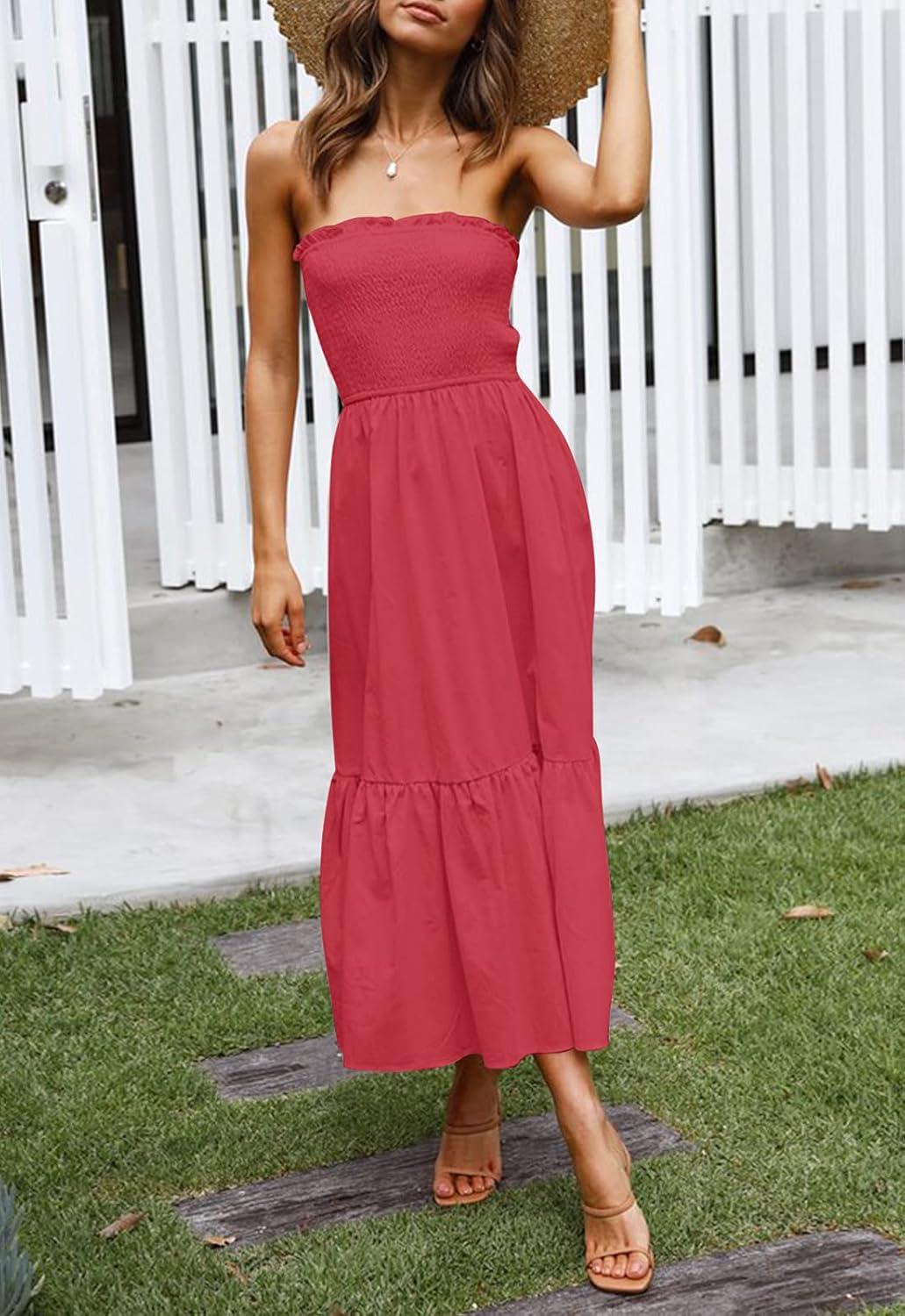 imageZESICA Womens Summer Boho Strapless Maxi Dress 2026 Casual Off Shoulder Smocked Flowy A Line Beach Holiday Long DressesWatermelon