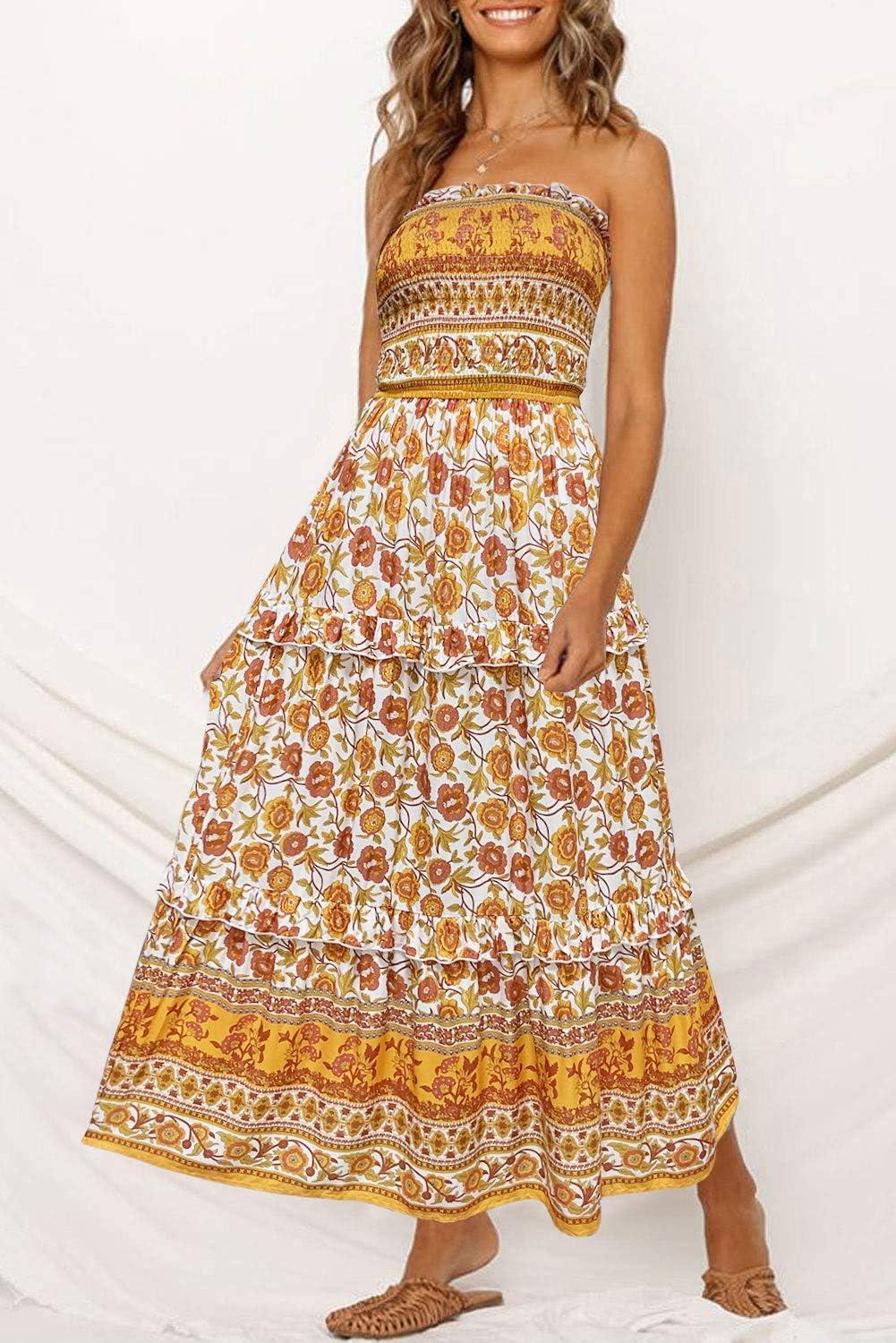 imageZESICA Womens Summer Boho Strapless Maxi Dress 2026 Casual Off Shoulder Smocked Flowy A Line Beach Holiday Long DressesYellow