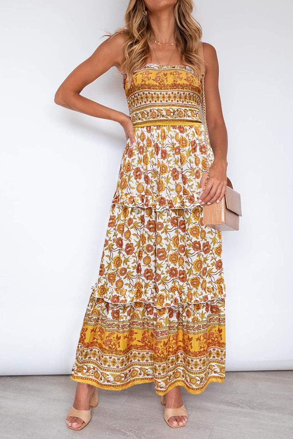 imageZESICA Womens Summer Boho Strapless Maxi Dress 2026 Casual Off Shoulder Smocked Flowy A Line Beach Holiday Long DressesYellow
