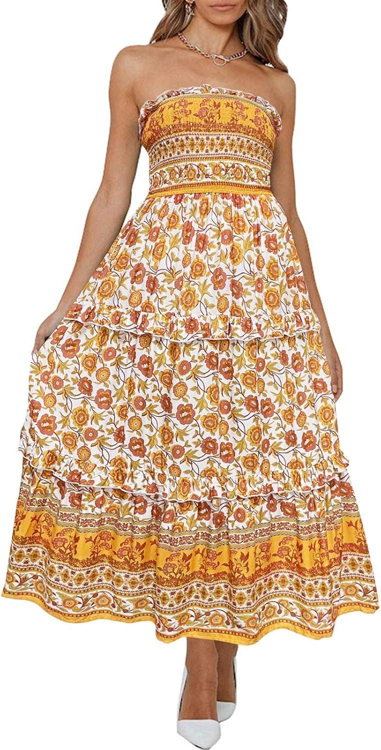 imageZESICA Womens Summer Boho Strapless Maxi Dress 2026 Casual Off Shoulder Smocked Flowy A Line Beach Holiday Long DressesYellow