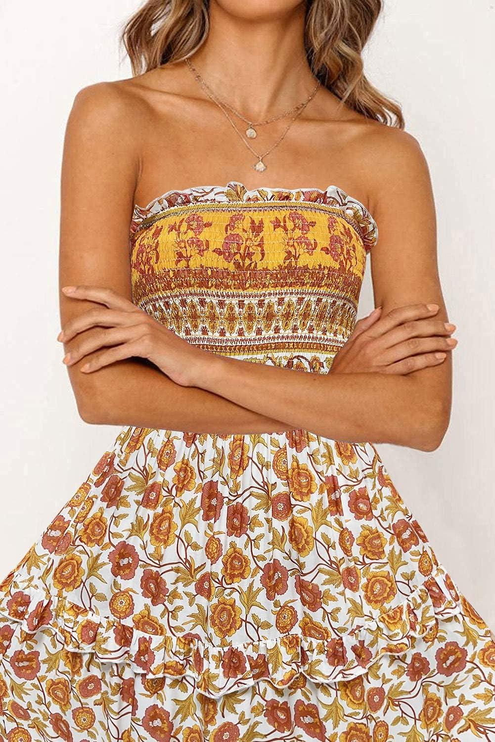 imageZESICA Womens Summer Boho Strapless Maxi Dress 2026 Casual Off Shoulder Smocked Flowy A Line Beach Holiday Long DressesYellow