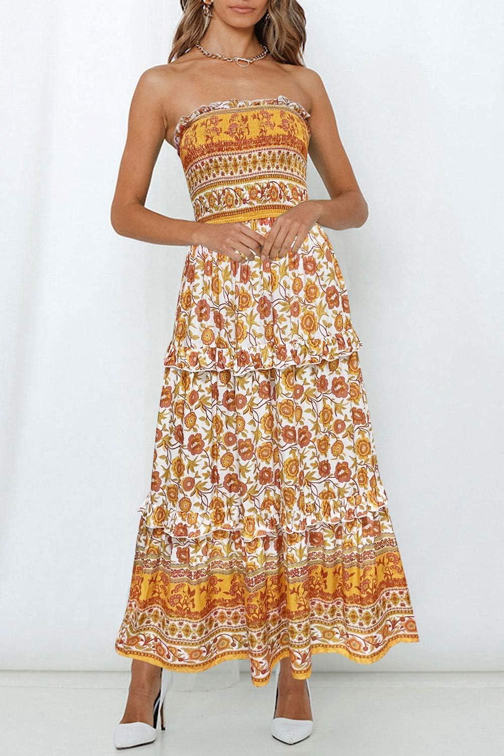 imageZESICA Womens Summer Boho Strapless Maxi Dress 2026 Casual Off Shoulder Smocked Flowy A Line Beach Holiday Long DressesYellow