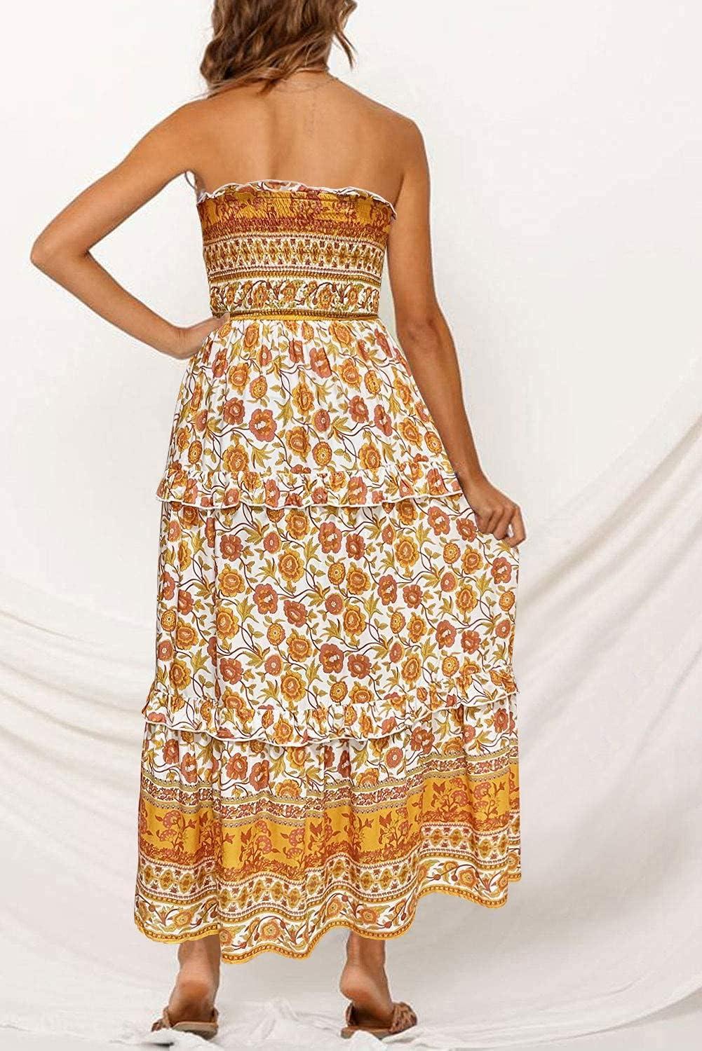 imageZESICA Womens Summer Boho Strapless Maxi Dress 2026 Casual Off Shoulder Smocked Flowy A Line Beach Holiday Long DressesYellow