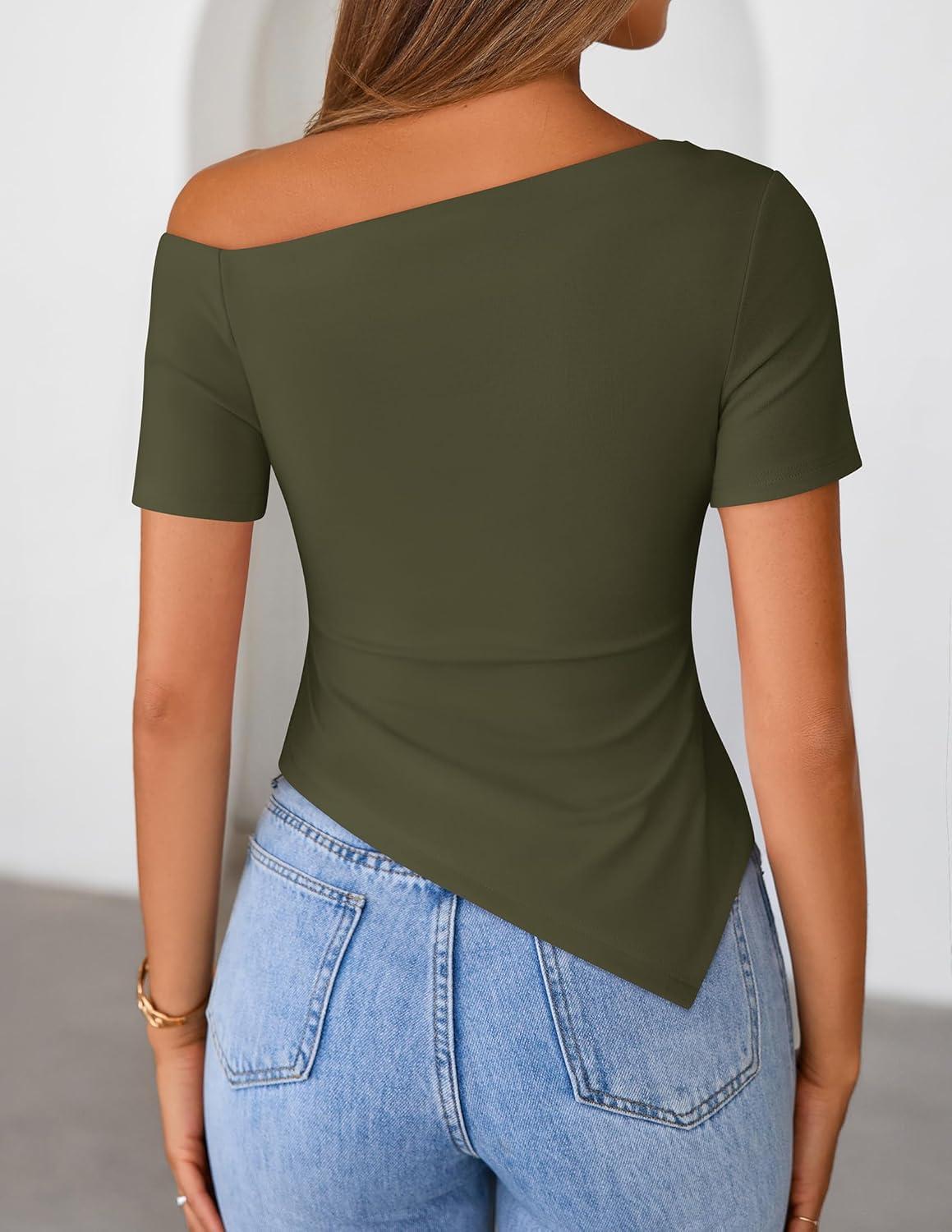 imageZESICA Womens Summer Off The Shoulder Going Out Tops 2026 Short Sleeve Asymmetrical Ruched Fitted Shirts Trendy Y2K TopArmygreen