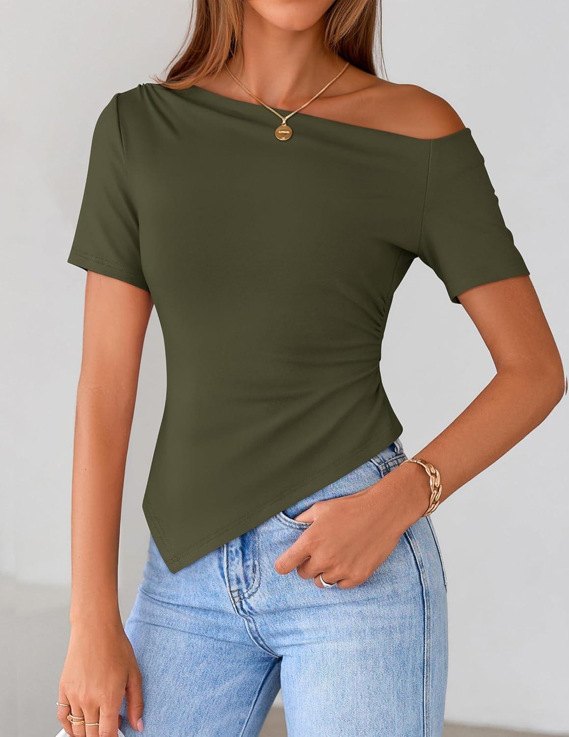 imageZESICA Womens Summer Off The Shoulder Going Out Tops 2026 Short Sleeve Asymmetrical Ruched Fitted Shirts Trendy Y2K TopArmygreen