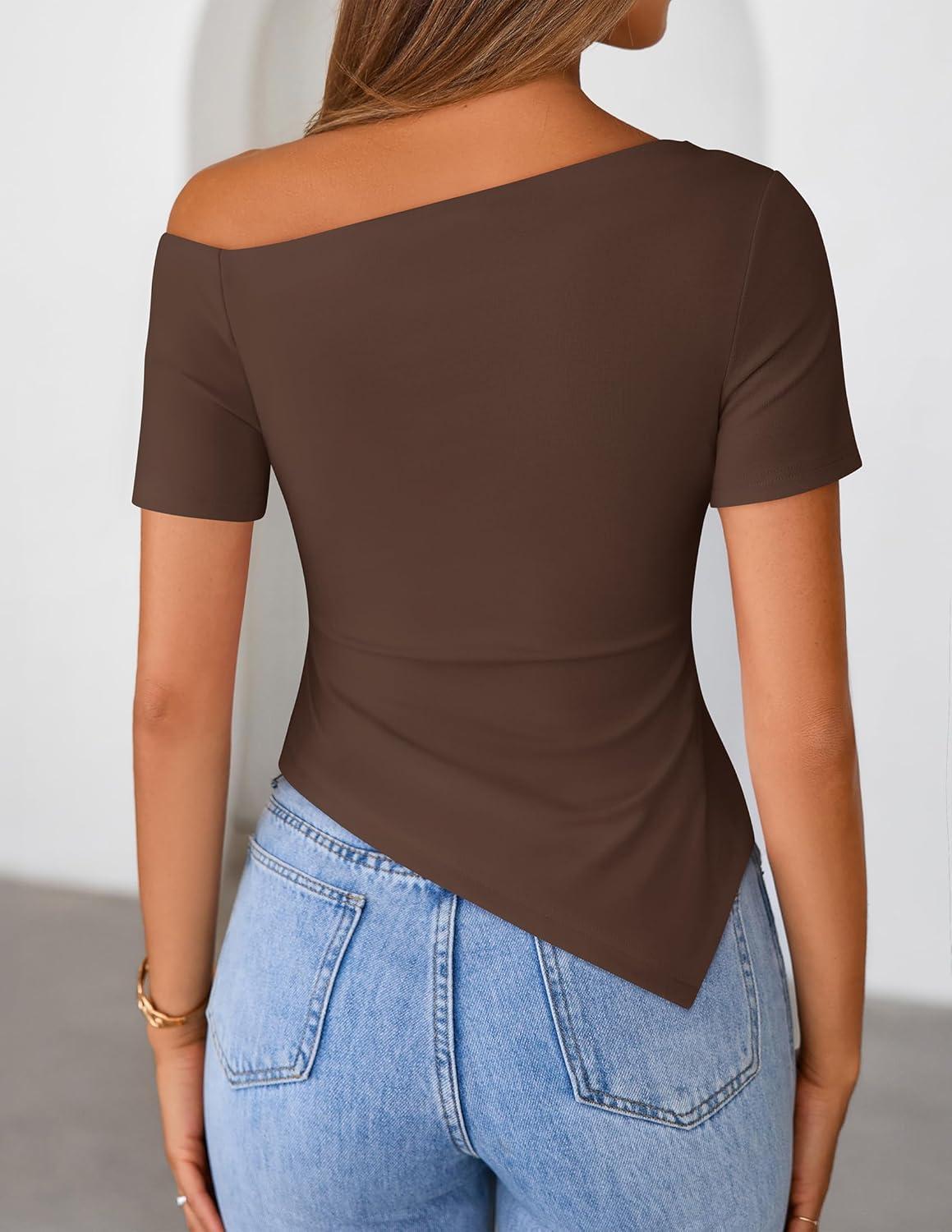 imageZESICA Womens Summer Off The Shoulder Going Out Tops 2026 Short Sleeve Asymmetrical Ruched Fitted Shirts Trendy Y2K TopCoffee