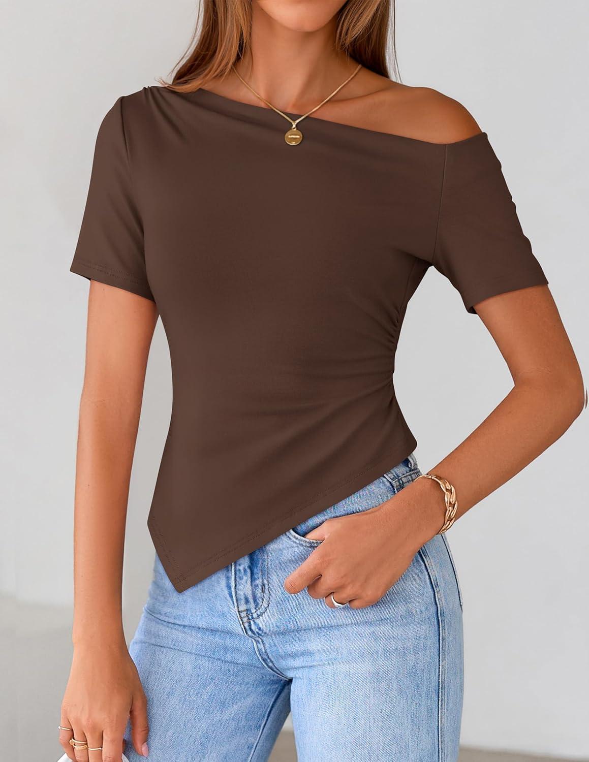 imageZESICA Womens Summer Off The Shoulder Going Out Tops 2026 Short Sleeve Asymmetrical Ruched Fitted Shirts Trendy Y2K TopCoffee