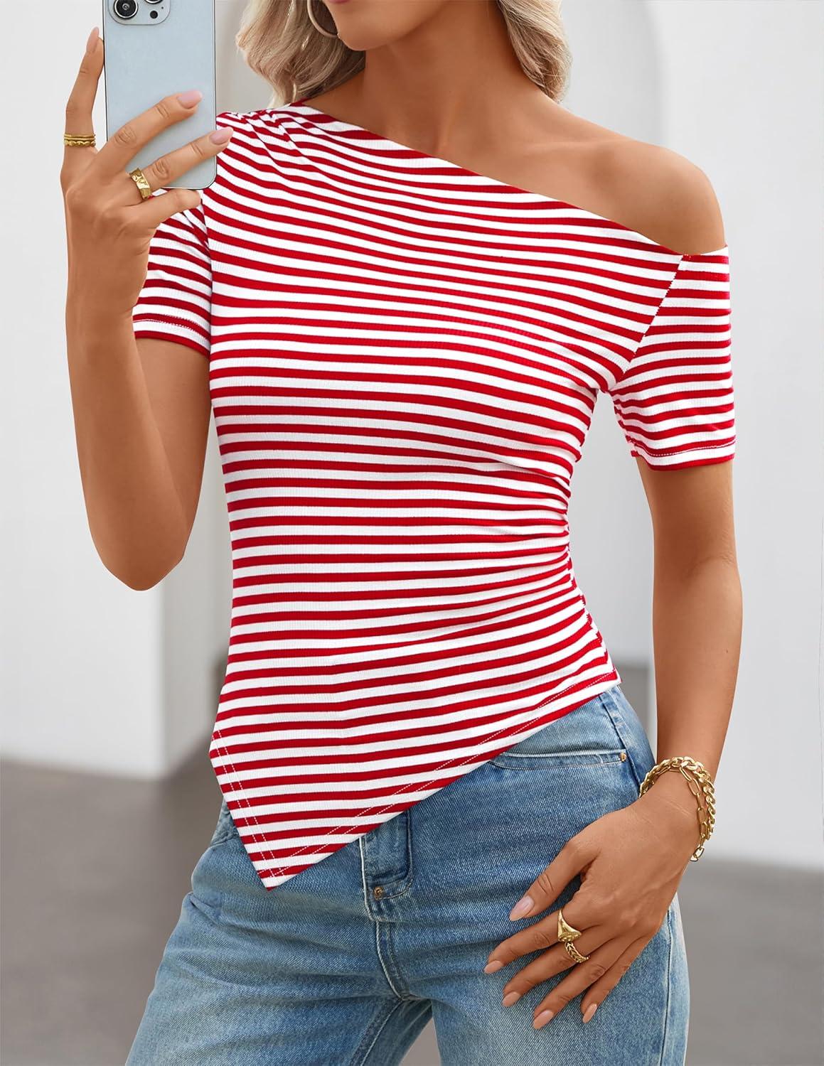 imageZESICA Womens Summer Off The Shoulder Going Out Tops 2026 Short Sleeve Asymmetrical Ruched Fitted Shirts Trendy Y2K TopRed