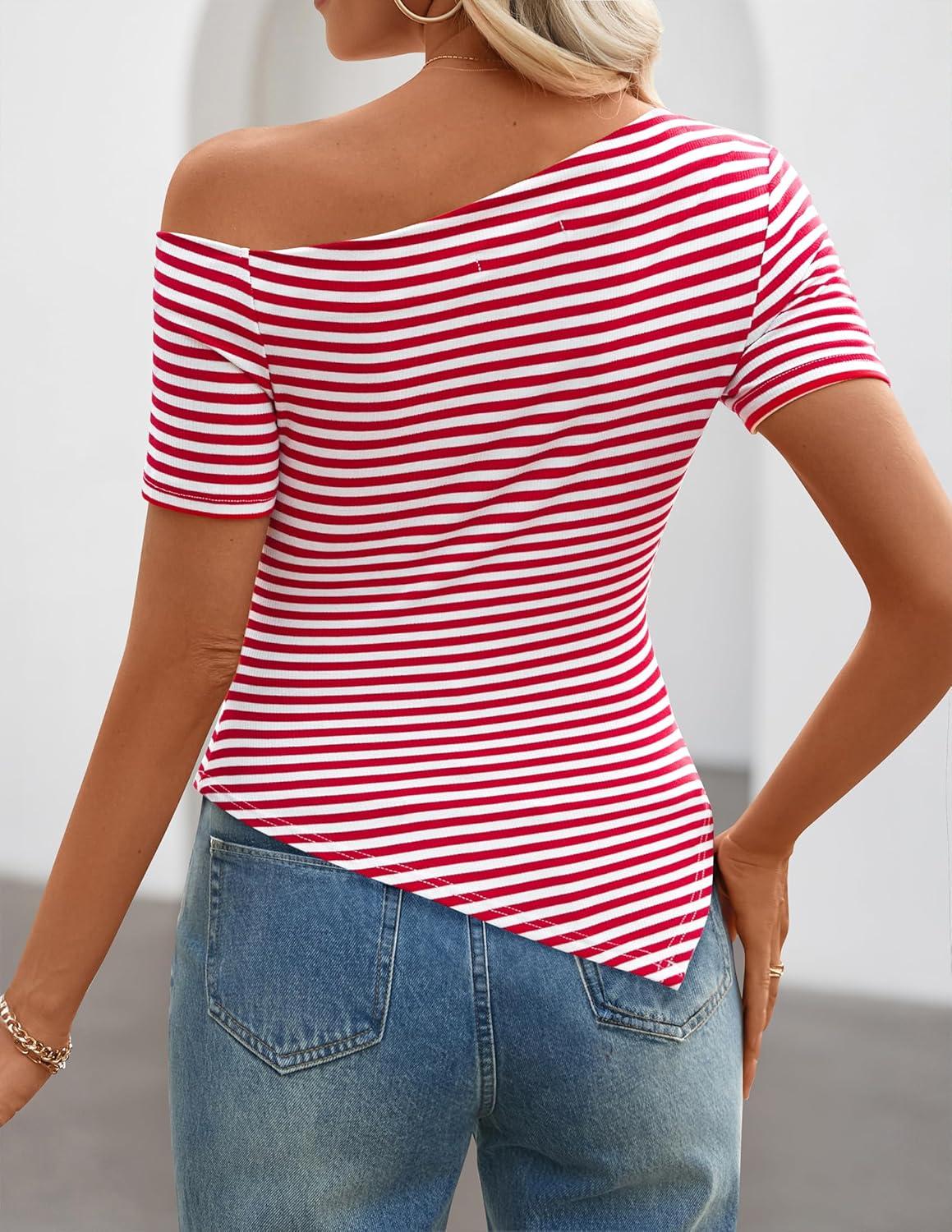 imageZESICA Womens Summer Off The Shoulder Going Out Tops 2026 Short Sleeve Asymmetrical Ruched Fitted Shirts Trendy Y2K TopRed