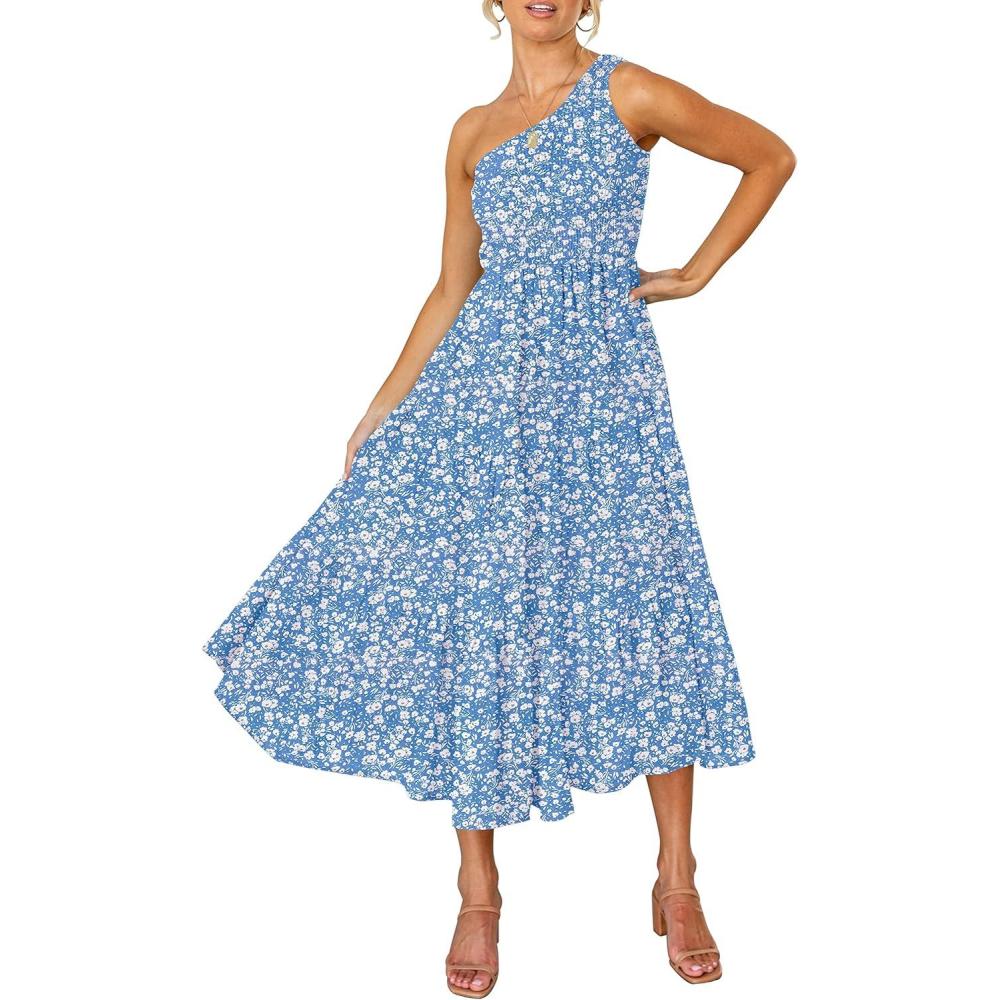 imageZESICA Womens 2026 Bohemian Summer Floral Print One Shoulder Sleeveless Smocked Ruffle Tiered Beach Long Midi DressBlue