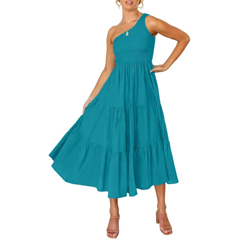 imageZESICA Womens 2026 Bohemian Summer Floral Print One Shoulder Sleeveless Smocked Ruffle Tiered Beach Long Midi DressPeacock