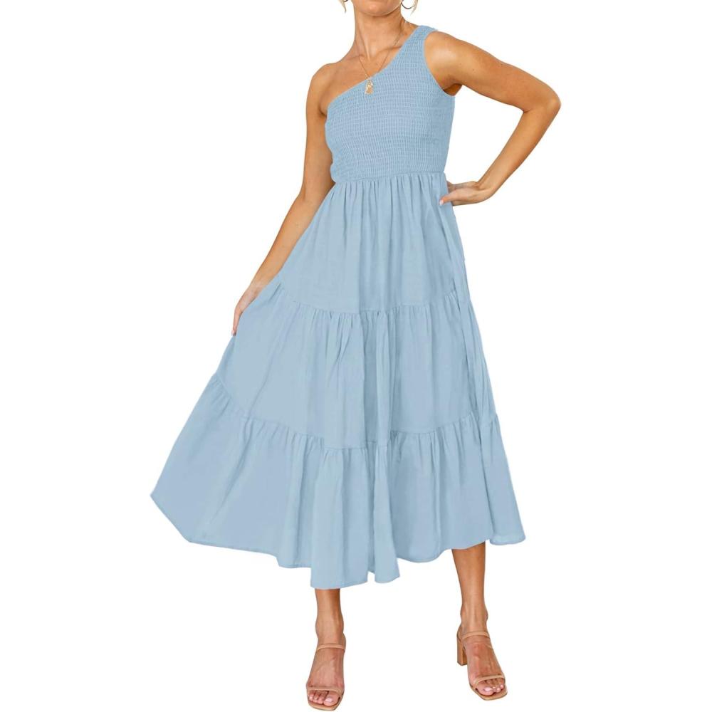imageZESICA Womens 2026 Bohemian Summer Floral Print One Shoulder Sleeveless Smocked Ruffle Tiered Beach Long Midi DressSkyblue