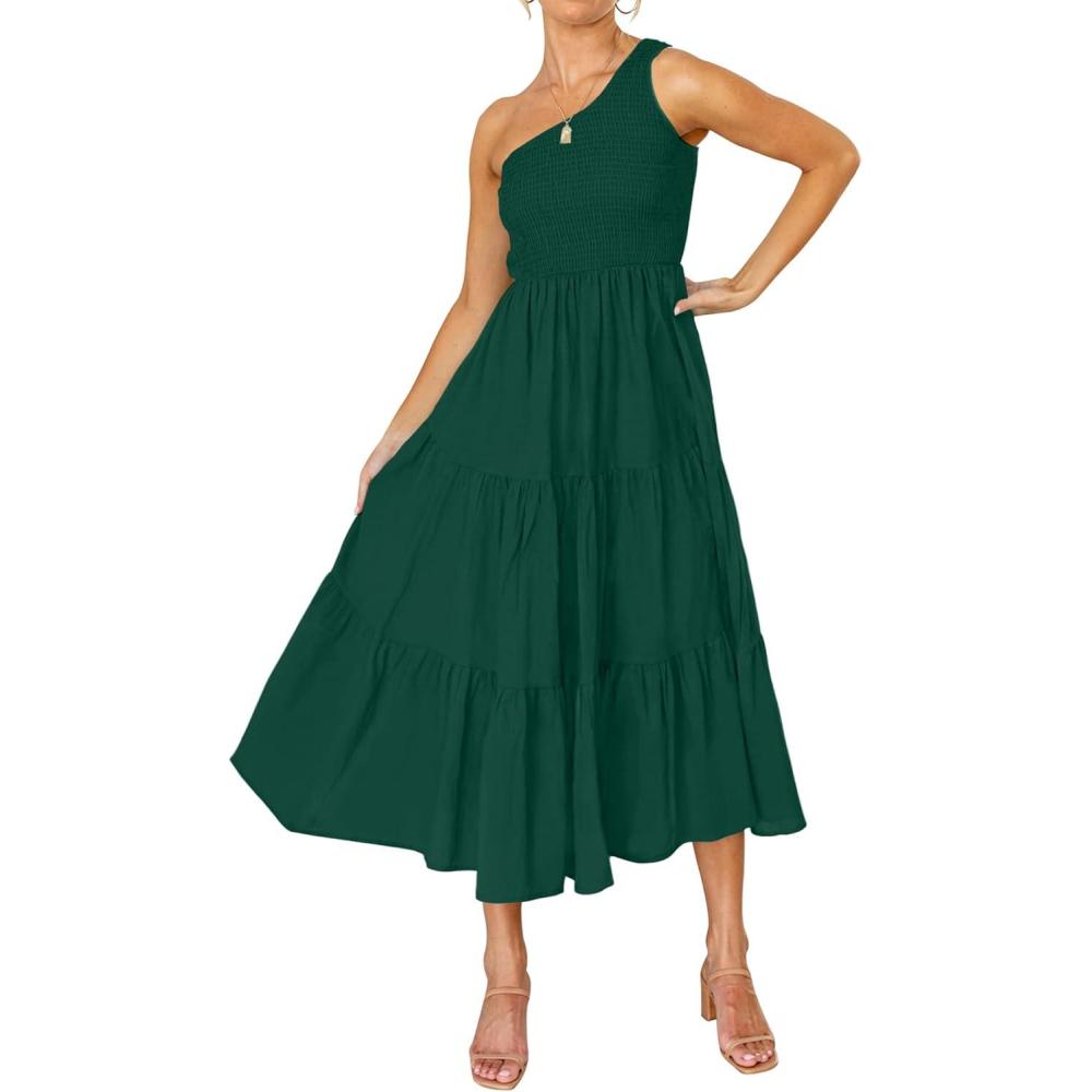imageZESICA Womens 2026 Bohemian Summer Floral Print One Shoulder Sleeveless Smocked Ruffle Tiered Beach Long Midi DressSoliddarkgreen