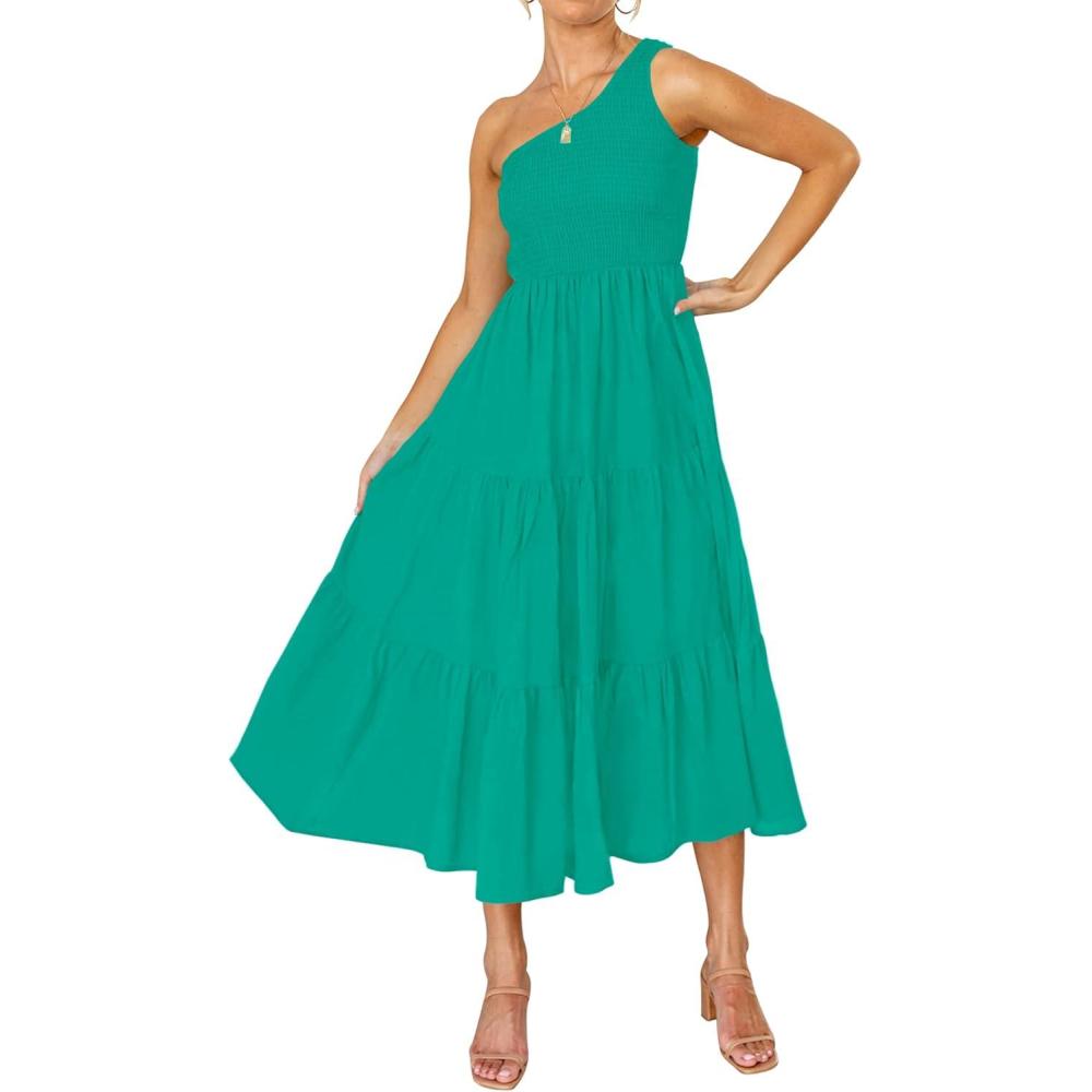 imageZESICA Womens 2026 Bohemian Summer Floral Print One Shoulder Sleeveless Smocked Ruffle Tiered Beach Long Midi DressSolidgreen