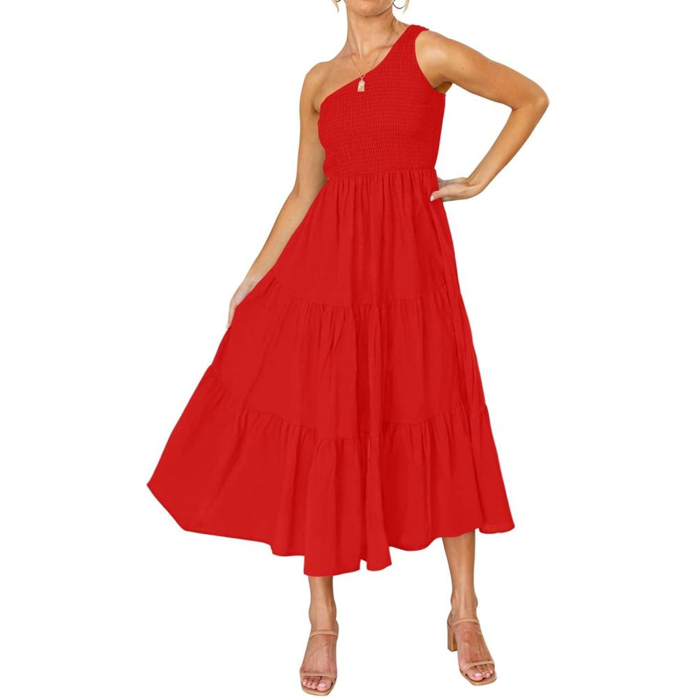 imageZESICA Womens 2026 Bohemian Summer Floral Print One Shoulder Sleeveless Smocked Ruffle Tiered Beach Long Midi DressSolidred
