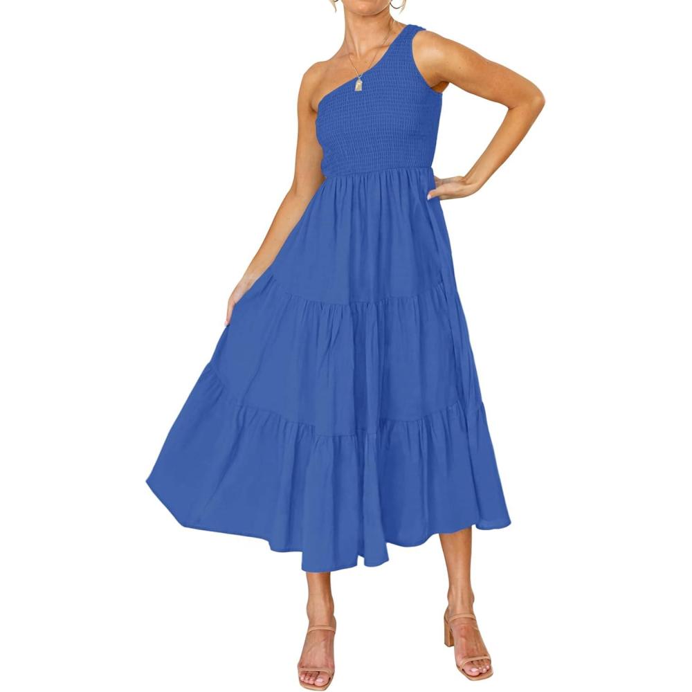 imageZESICA Womens 2026 Bohemian Summer Floral Print One Shoulder Sleeveless Smocked Ruffle Tiered Beach Long Midi DressSolidroyalblue