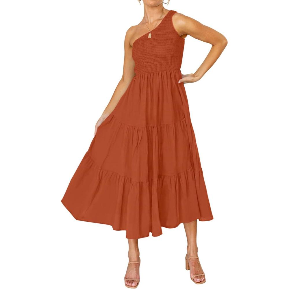 imageZESICA Womens 2026 Bohemian Summer Floral Print One Shoulder Sleeveless Smocked Ruffle Tiered Beach Long Midi DressSolidrust