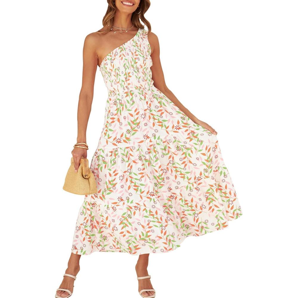 imageZESICA Womens 2026 Bohemian Summer Floral Print One Shoulder Sleeveless Smocked Ruffle Tiered Beach Long Midi DressWhitepink
