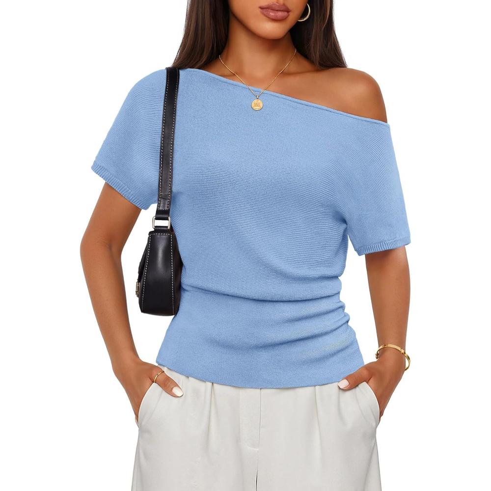 imageZESICA Womens Off The Shoulder Short Sleeve Sweater Tops 2026 Summer Casual Ruched Knit Going Out Trendy Spring ShirtsBlue