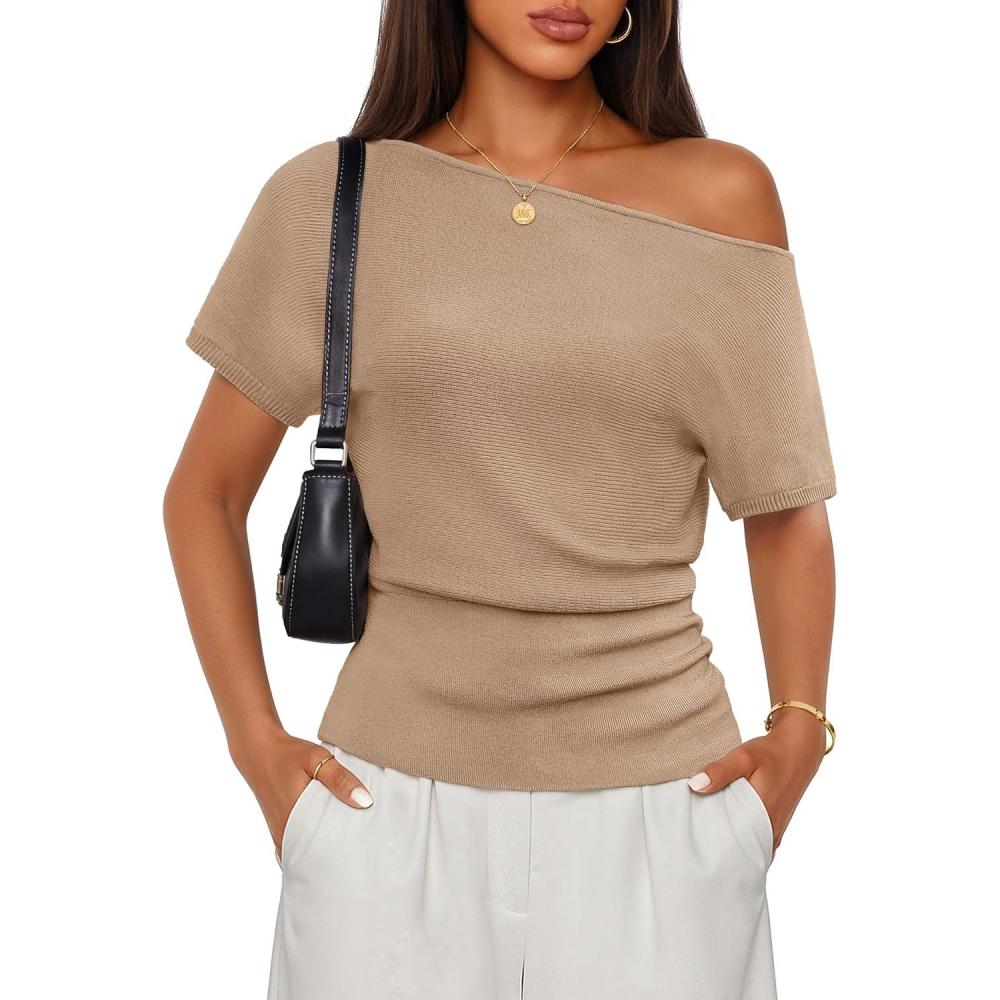 imageZESICA Womens Off The Shoulder Short Sleeve Sweater Tops 2026 Summer Casual Ruched Knit Going Out Trendy Spring ShirtsKhaki
