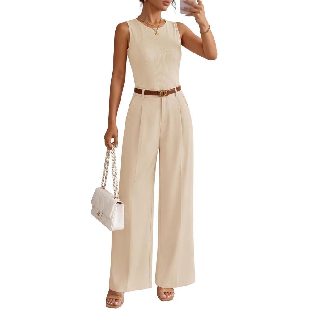 imageZESICA Womens Summer 2 Piece Outfits Knit Tops Suit Pants Matching Lounge Vacation Set Dressy Business Casual ClothesApricot
