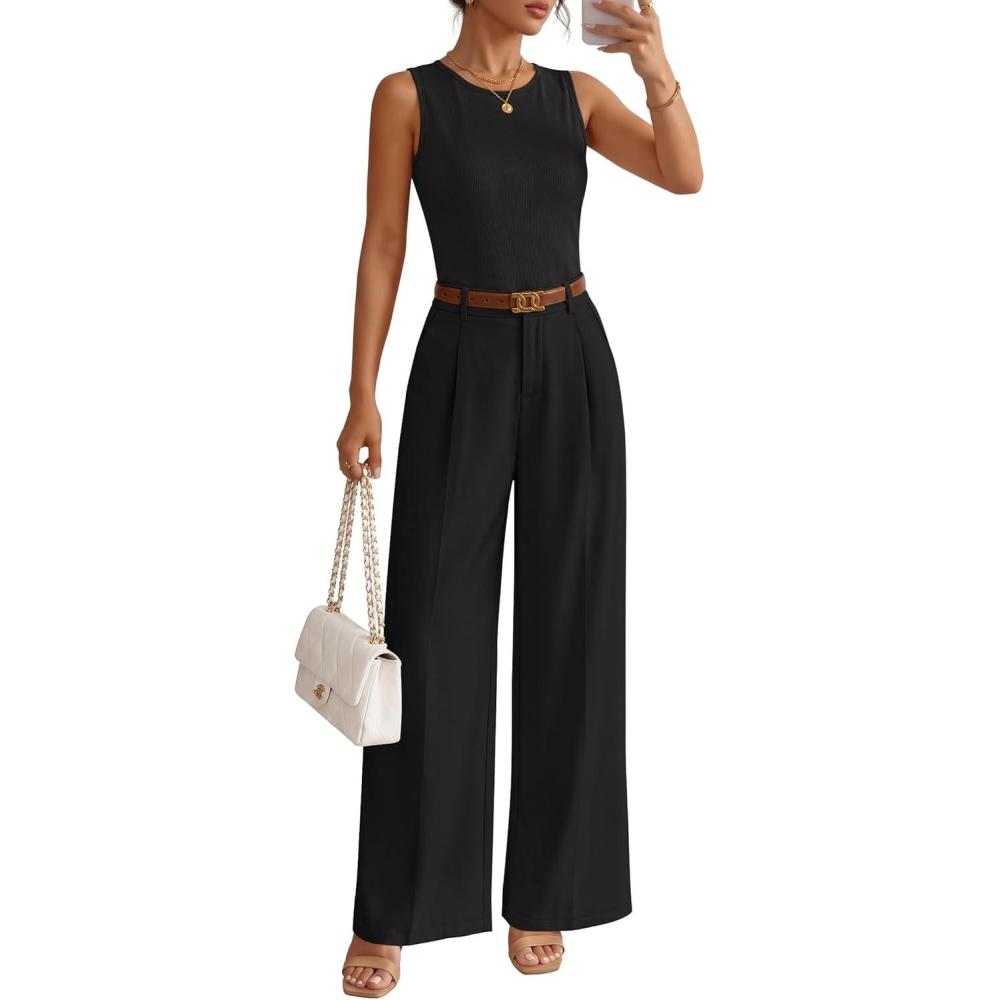imageZESICA Womens Summer 2 Piece Outfits Knit Tops Suit Pants Matching Lounge Vacation Set Dressy Business Casual ClothesBlack