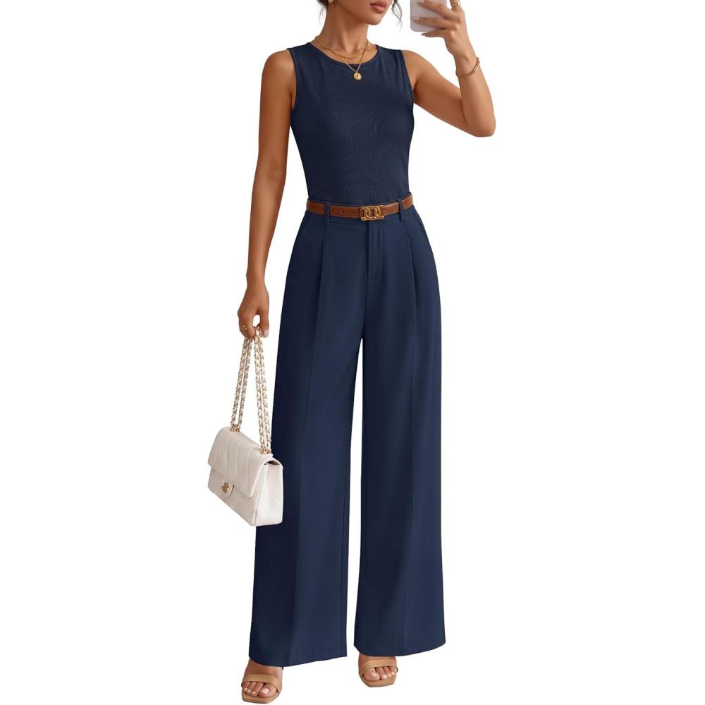 imageZESICA Womens Summer 2 Piece Outfits Knit Tops Suit Pants Matching Lounge Vacation Set Dressy Business Casual ClothesNavy