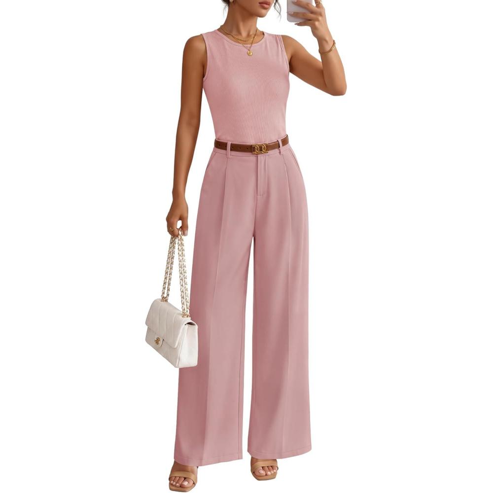 imageZESICA Womens Summer 2 Piece Outfits Knit Tops Suit Pants Matching Lounge Vacation Set Dressy Business Casual ClothesPink