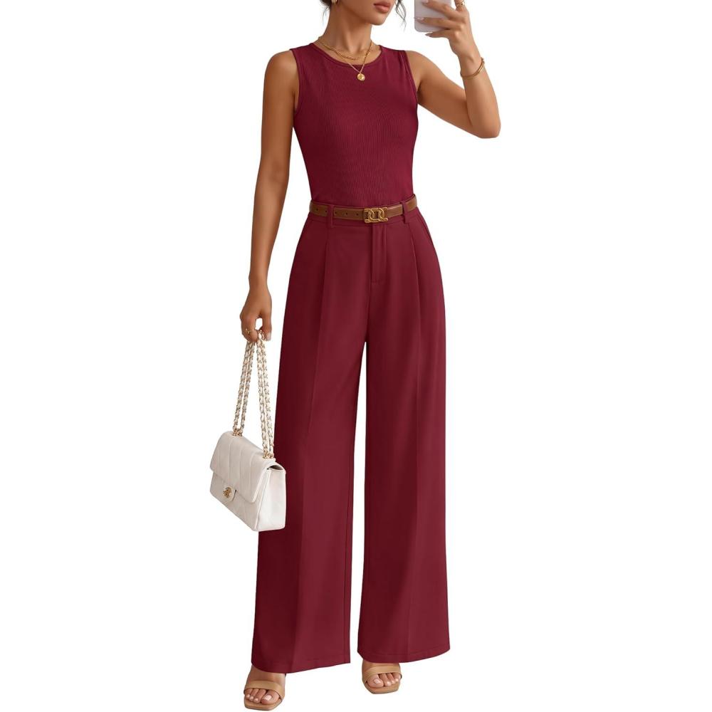 imageZESICA Womens Summer 2 Piece Outfits Knit Tops Suit Pants Matching Lounge Vacation Set Dressy Business Casual ClothesWine