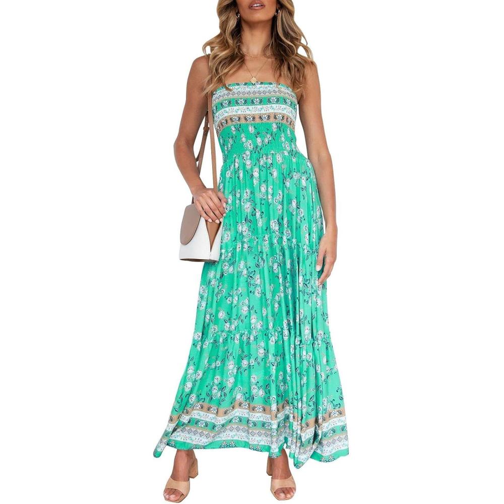 imageZESICA Womens Summer Boho Strapless Maxi Dress 2026 Casual Off Shoulder Smocked Flowy A Line Beach Holiday Long DressesAqua