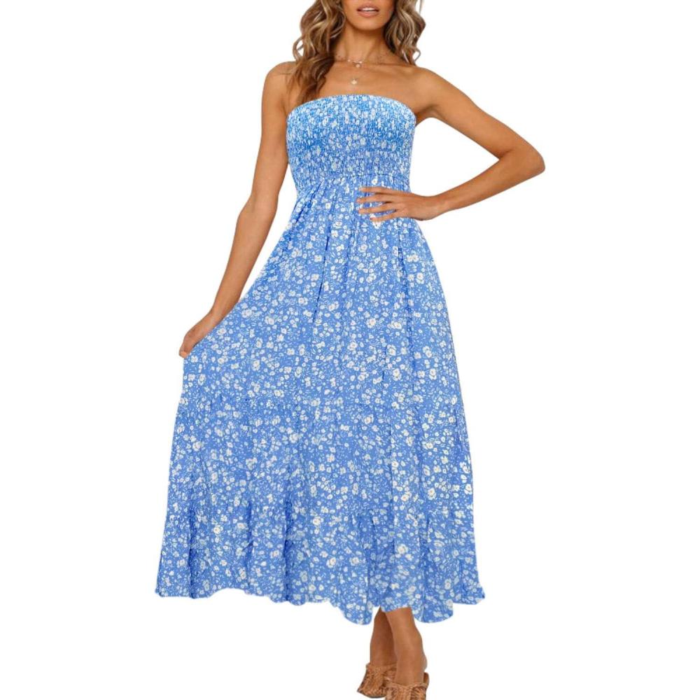 imageZESICA Womens Summer Boho Strapless Maxi Dress 2026 Casual Off Shoulder Smocked Flowy A Line Beach Holiday Long DressesBlue