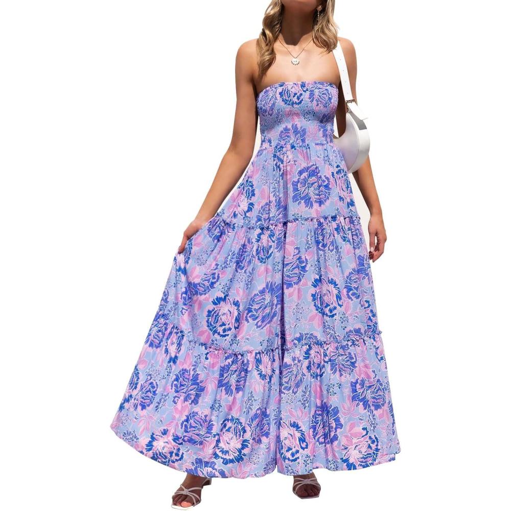 imageZESICA Womens Summer Boho Strapless Maxi Dress 2026 Casual Off Shoulder Smocked Flowy A Line Beach Holiday Long DressesBluishviolet