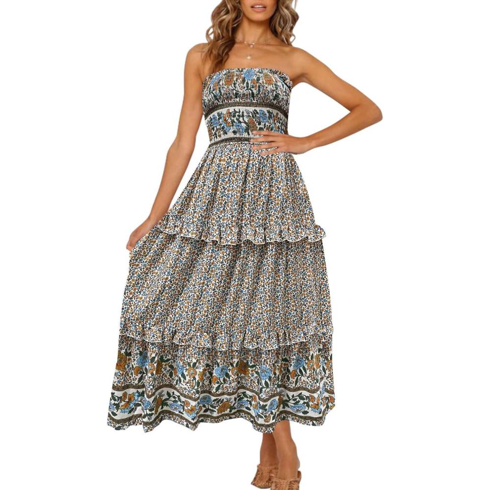 imageZESICA Womens Summer Boho Strapless Maxi Dress 2026 Casual Off Shoulder Smocked Flowy A Line Beach Holiday Long DressesCream
