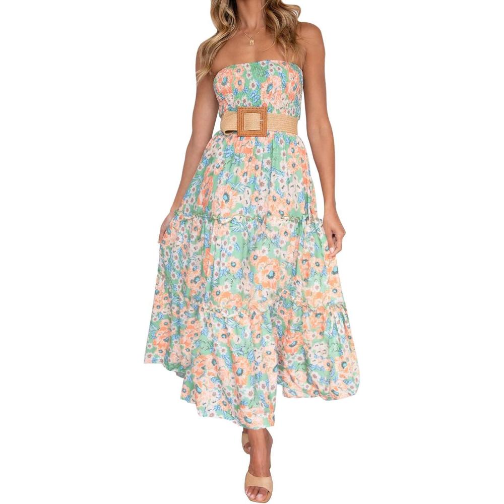 imageZESICA Womens Summer Boho Strapless Maxi Dress 2026 Casual Off Shoulder Smocked Flowy A Line Beach Holiday Long DressesFloral1