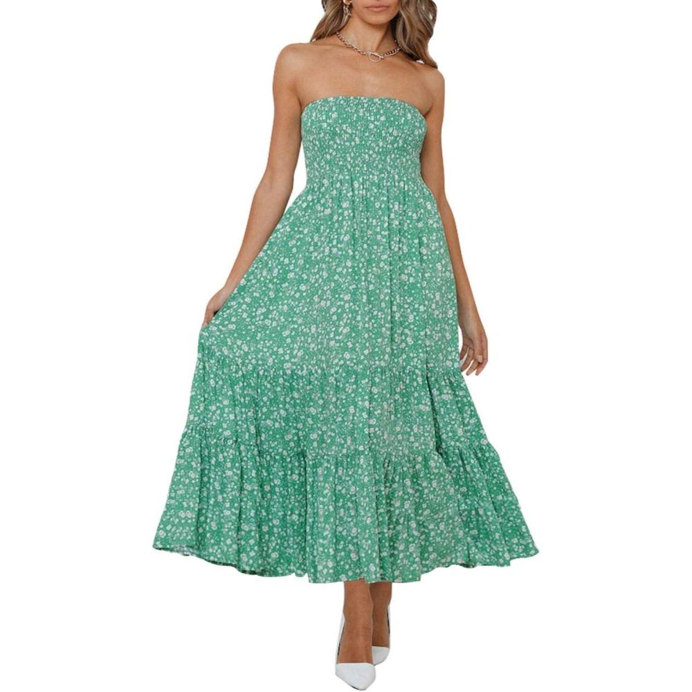imageZESICA Womens Summer Boho Strapless Maxi Dress 2026 Casual Off Shoulder Smocked Flowy A Line Beach Holiday Long DressesGreen