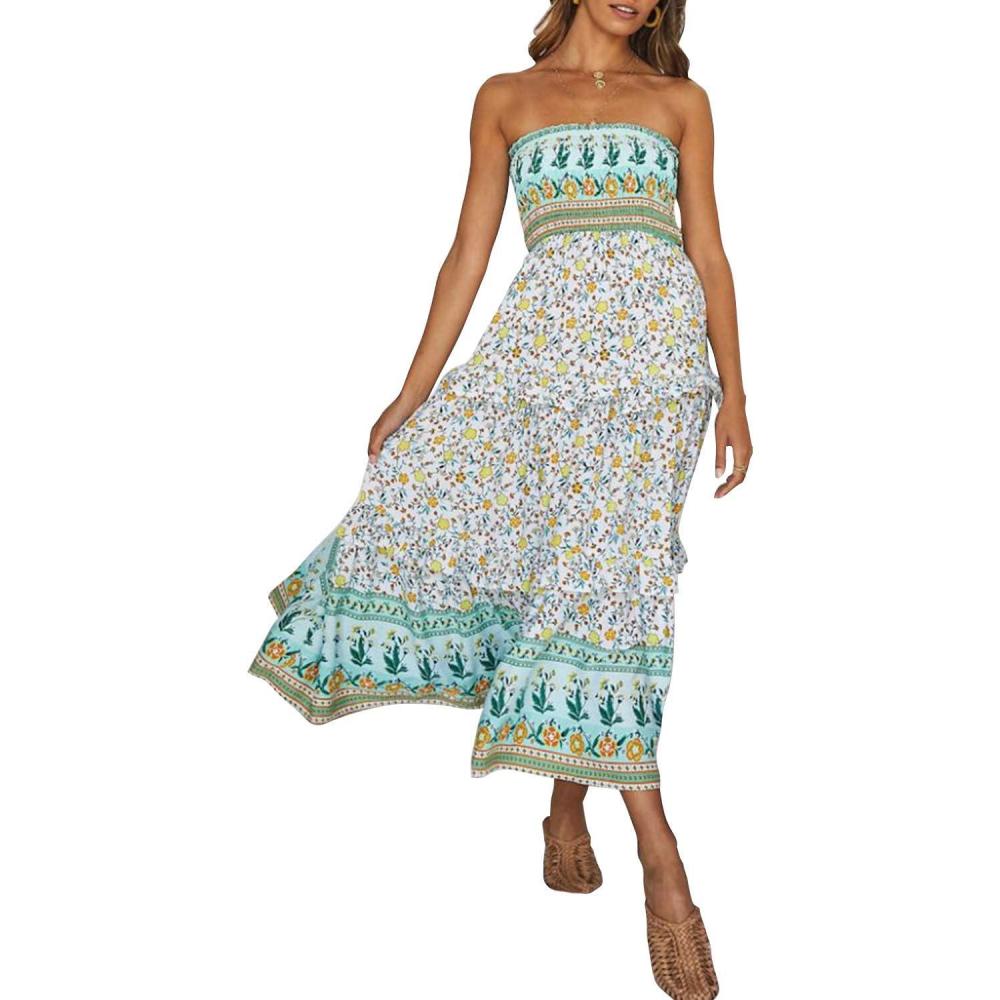 imageZESICA Womens Summer Boho Strapless Maxi Dress 2026 Casual Off Shoulder Smocked Flowy A Line Beach Holiday Long DressesLight Green