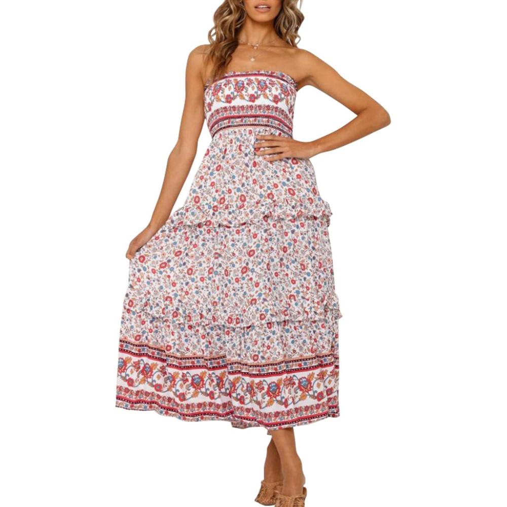 imageZESICA Womens Summer Boho Strapless Maxi Dress 2026 Casual Off Shoulder Smocked Flowy A Line Beach Holiday Long DressesPink