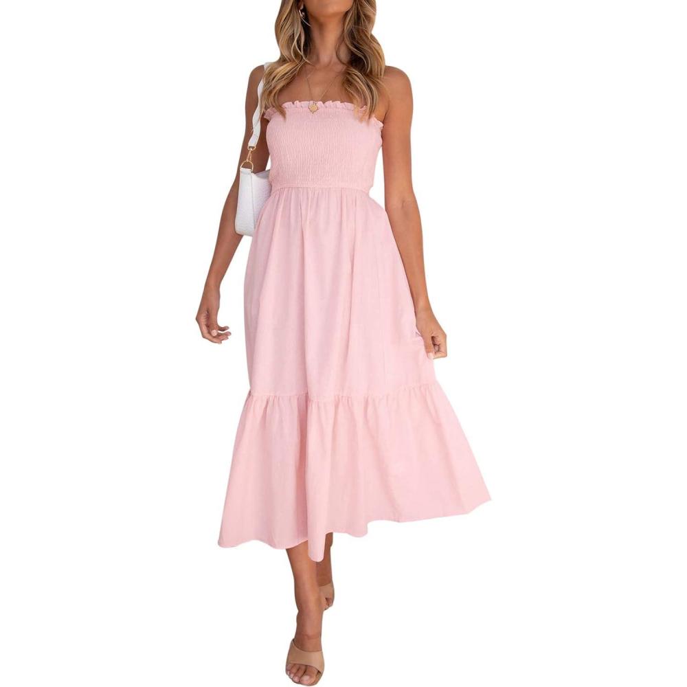imageZESICA Womens Summer Boho Strapless Maxi Dress 2026 Casual Off Shoulder Smocked Flowy A Line Beach Holiday Long DressesSolid Blush Pink