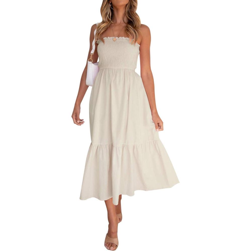 imageZESICA Womens Summer Boho Strapless Maxi Dress 2026 Casual Off Shoulder Smocked Flowy A Line Beach Holiday Long DressesSolidbeige