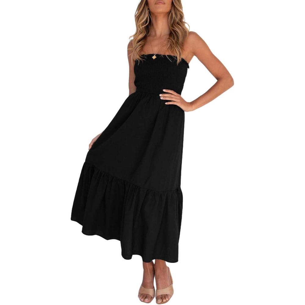 imageZESICA Womens Summer Boho Strapless Maxi Dress 2026 Casual Off Shoulder Smocked Flowy A Line Beach Holiday Long DressesSolidblack