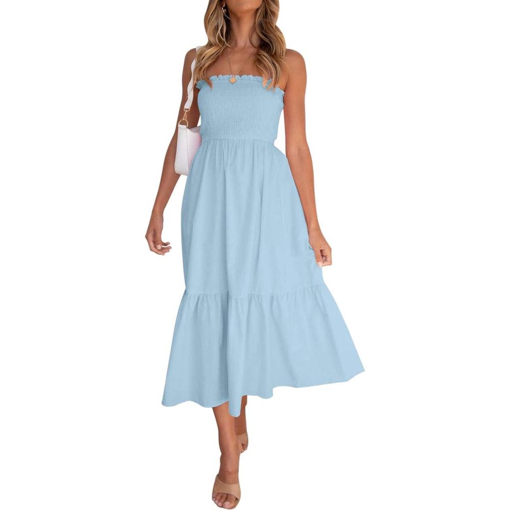 imageZESICA Womens Summer Boho Strapless Maxi Dress 2026 Casual Off Shoulder Smocked Flowy A Line Beach Holiday Long DressesSolidblue