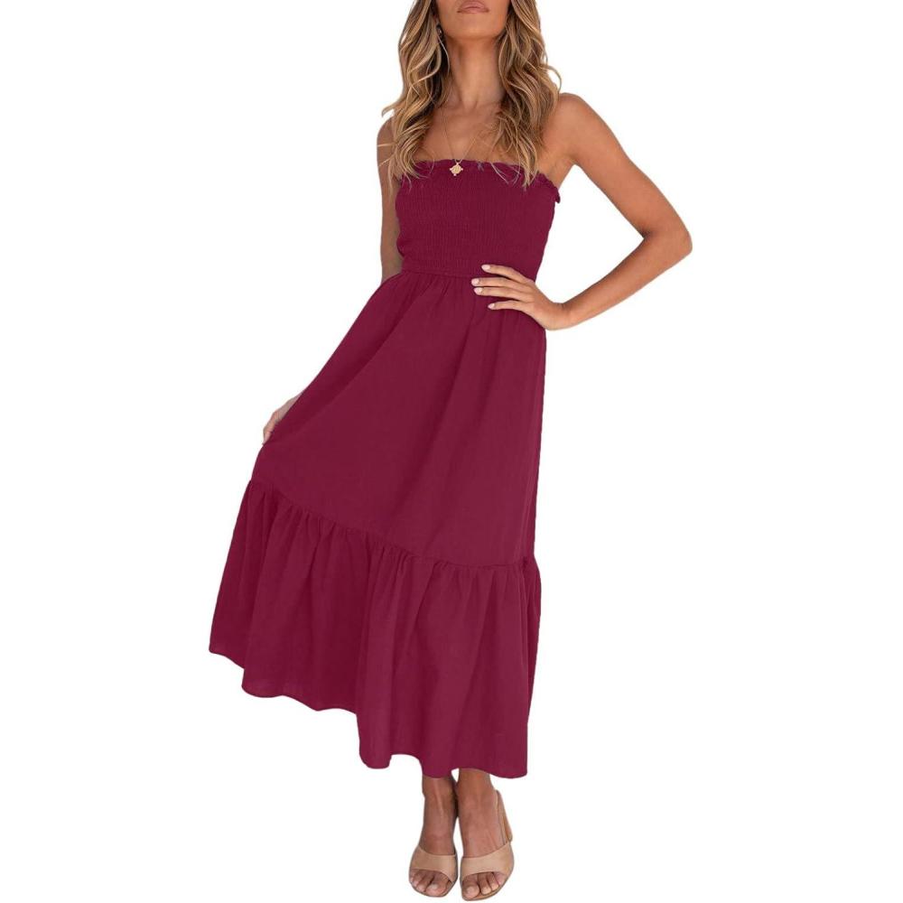 imageZESICA Womens Summer Boho Strapless Maxi Dress 2026 Casual Off Shoulder Smocked Flowy A Line Beach Holiday Long DressesSolidfuchsia