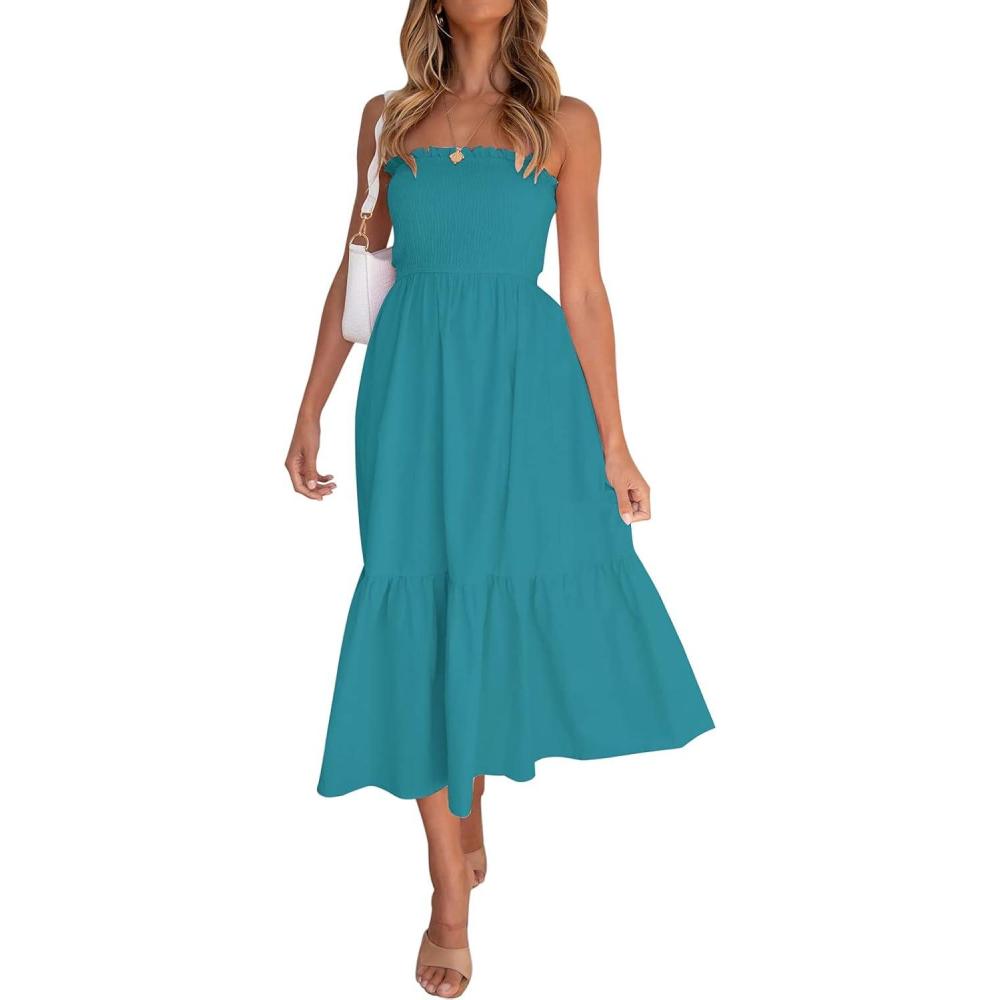 imageZESICA Womens Summer Boho Strapless Maxi Dress 2026 Casual Off Shoulder Smocked Flowy A Line Beach Holiday Long DressesSolidpeacock