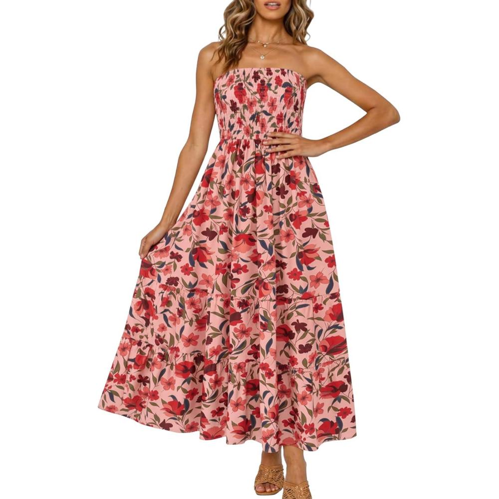 imageZESICA Womens Summer Boho Strapless Maxi Dress 2026 Casual Off Shoulder Smocked Flowy A Line Beach Holiday Long DressesVintage Pink