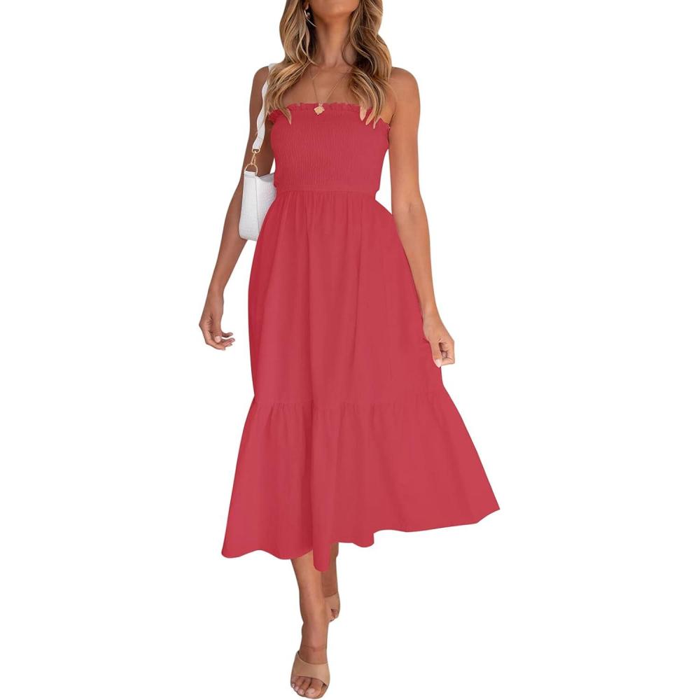 imageZESICA Womens Summer Boho Strapless Maxi Dress 2026 Casual Off Shoulder Smocked Flowy A Line Beach Holiday Long DressesWatermelon