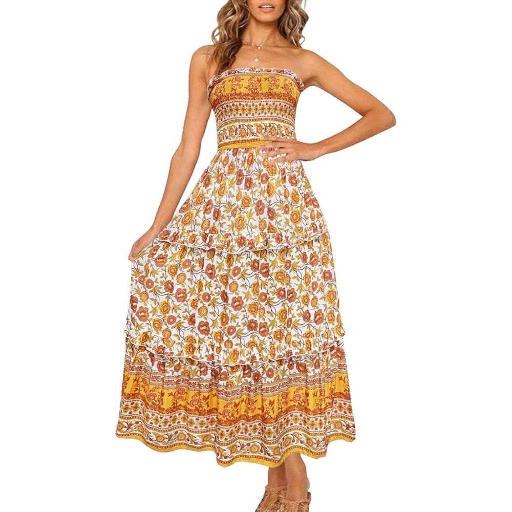 imageZESICA Womens Summer Boho Strapless Maxi Dress 2026 Casual Off Shoulder Smocked Flowy A Line Beach Holiday Long DressesYellow