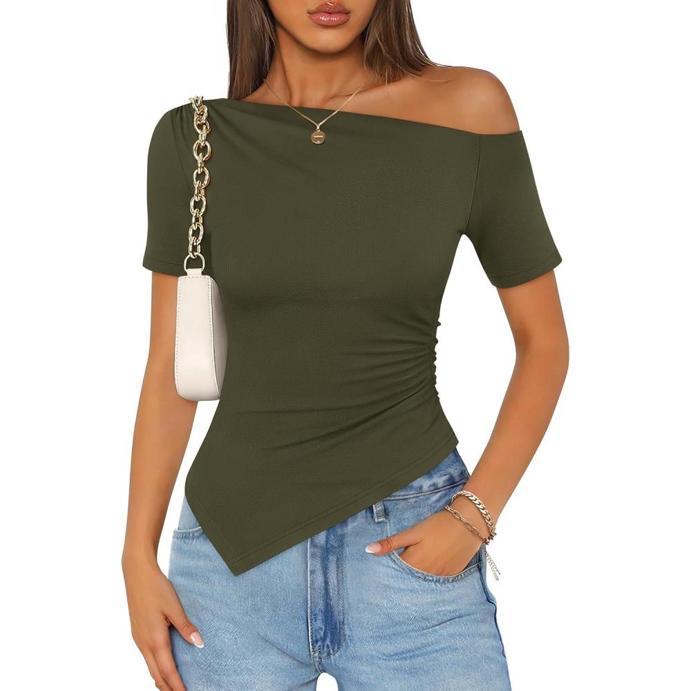 imageZESICA Womens Summer Off The Shoulder Going Out Tops 2026 Short Sleeve Asymmetrical Ruched Fitted Shirts Trendy Y2K TopArmygreen