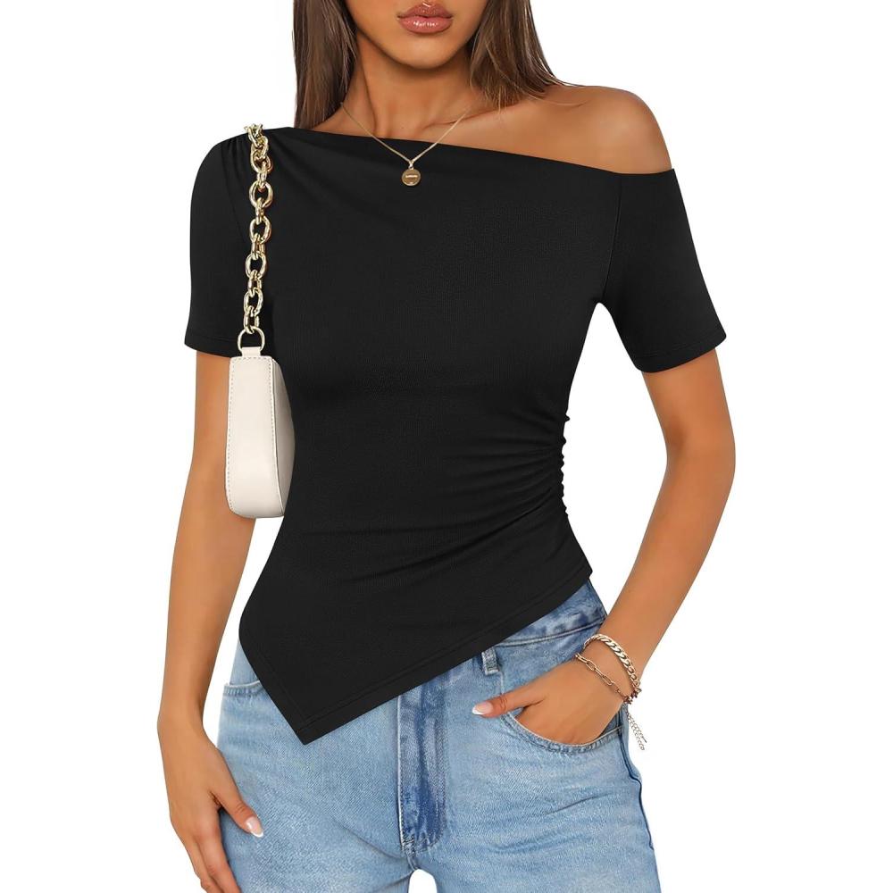 imageZESICA Womens Summer Off The Shoulder Going Out Tops 2026 Short Sleeve Asymmetrical Ruched Fitted Shirts Trendy Y2K TopBlack