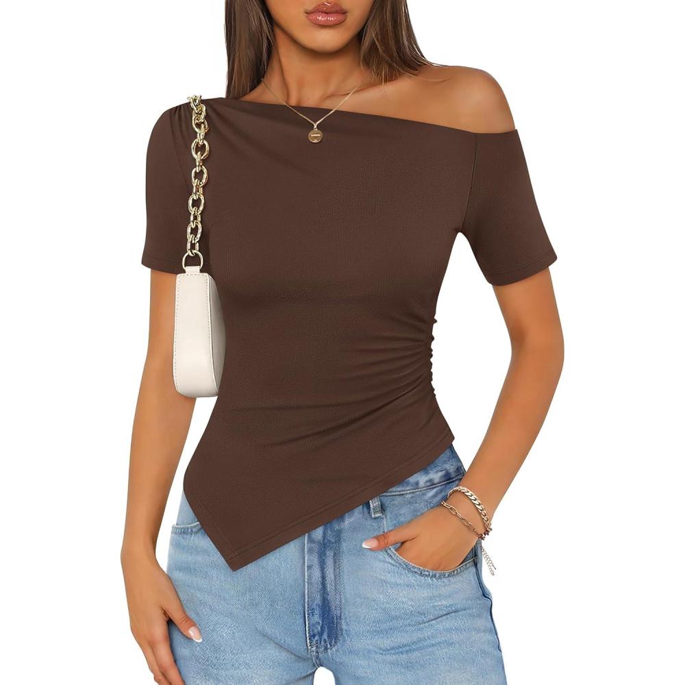 imageZESICA Womens Summer Off The Shoulder Going Out Tops 2026 Short Sleeve Asymmetrical Ruched Fitted Shirts Trendy Y2K TopCoffee