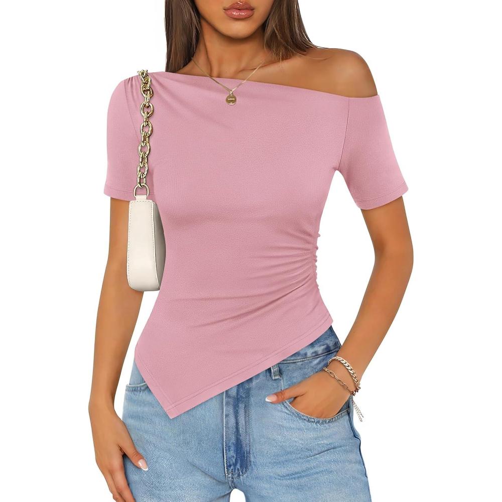 imageZESICA Womens Summer Off The Shoulder Going Out Tops 2026 Short Sleeve Asymmetrical Ruched Fitted Shirts Trendy Y2K TopPink